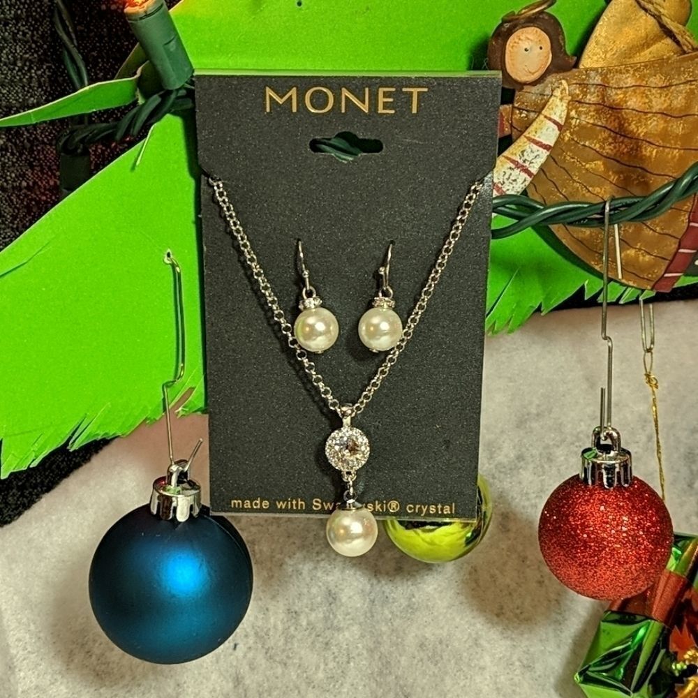 Monet Faux Pearl & Crystal Necklace/Earrings  Set - Picture 2 of 8